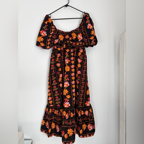 Japna Dresses & Skirts - 100% Cotton Black Floral Boho Puff Sleeve Dress Size L